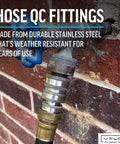 Three-Quarter-Inch Garden Hose Quick Connect Fittings Kit installed on outdoor faucet, showing stainless steel connectors.