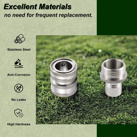 Stainless Steel Garden Hose Quick Connect Fittings With Quick Release For Easy Hose Attachments And Swapping Sprayers, Three Quarter Inch GHT Universal Connector, Save Wrist Strain And Time During Lawn Care on grass.