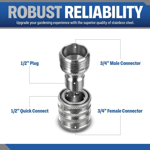 Three Quarter Inch Stainless Steel Garden Hose Quick Connect Fittings Set Of 4 Plug And Coupler, showing components.
