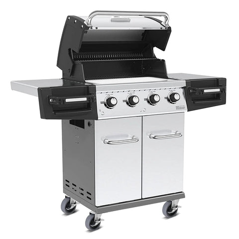 Stainless steel gas grill with four burners and side shelves on caster wheels, open hood view