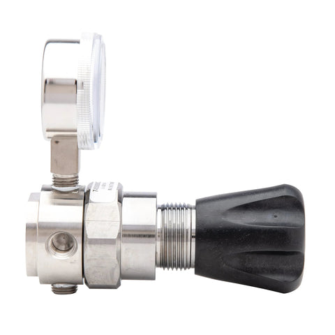 Side view of High Purity Stainless Steel Gas Regulator For Nitrogen Helium Argon Carbon Dioxide Hydrogen Oxygen 0 To 500 PSIG.