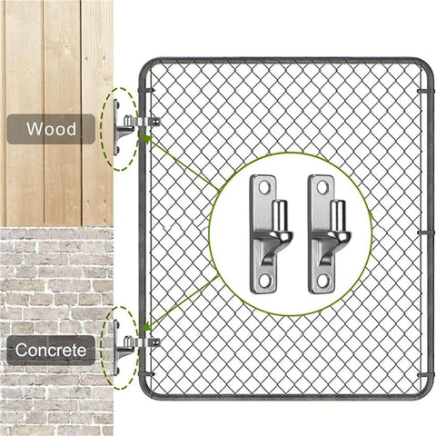 Rugged stainless steel gate hinge set for outdoor use with two pack wall mount hinges for wood or concrete, shown on metal fence.