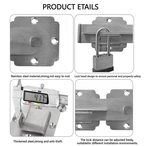 Heavy Duty Stainless Steel Gate Latch With Padlock Hole, 4mm Thick Construction shown with lock and measurements