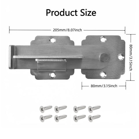 Heavy Duty Stainless Steel Gate Latch With Padlock Hole, 4mm Thick Construction, showing product size with screws