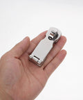 Front view of marine-grade stainless steel gate latch with swivel padlock eye, 75x25mm, held in hand