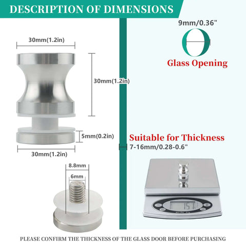 Dimensions of Heavy Duty Stainless Steel Shower Door Handle For Glass Doors One Sided Pull Knob SUS304 Brushed Nickel