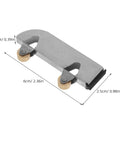 Close-up of a stainless steel 6Pcs Sliding Glass Door Wheels Kit For Cabinet Closet Wardrobe, showing dimensions and wheels.