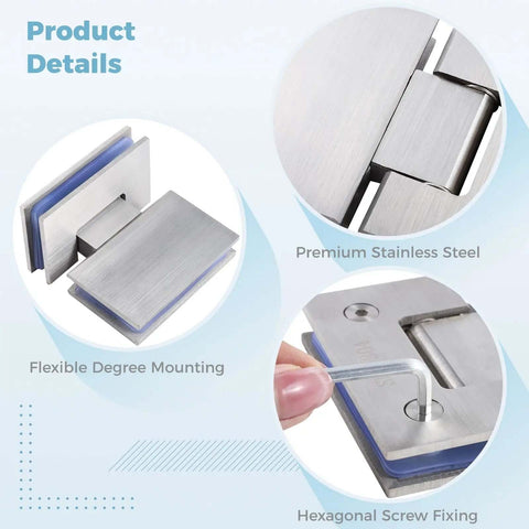 Close-up of Two Pack 180 Degree Glass Shower Door Hinges For Frameless Glass To Glass Install Fits 8mm To 12mm Thick Glass