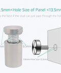 Stainless Steel Glass Standoff Screws Set For Signs, Twenty Pack, installation diagram showing 9.5mm thread, 5mm hole, silver tone, Lantee brand hardware.