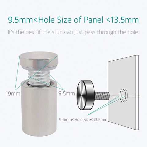 Stainless Steel Glass Standoff Screws Set For Signs, Twenty Pack, installation diagram showing 9.5mm thread, 5mm hole, silver tone, Lantee brand hardware.