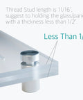 Stainless Steel Glass Standoff Screws Set For Signs, installed on glass panel, side view showing 11/16 inch thread stud, Lantee Brand Hardware