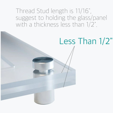 Stainless Steel Glass Standoff Screws Set For Signs, installed on glass panel, side view showing 11/16 inch thread stud, Lantee Brand Hardware