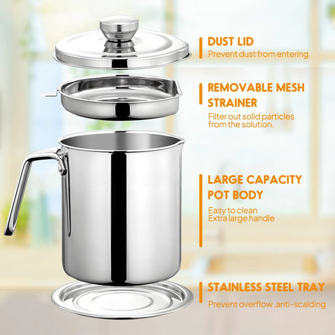 Stainless Steel Grease Container With Fine Mesh Strainer 2L Bacon Fat Oil Jar Dust Proof Lid Non Slip Tray For Kitchen Storing Frying Cooking Grease Keeps Oil Clean And Debris Free Chihee with handle, lid, and strainer parts visible.