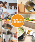 Collage showing use of Stainless Steel Grease Container With Fine Mesh Strainer 2L Bacon Fat Oil Jar in kitchen settings.