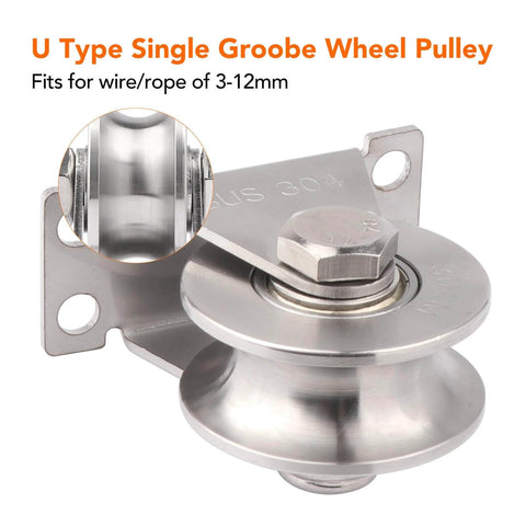U Type Single Groove Wheel Pulley, stainless steel with wall mount, for wire rope 3-12mm, 2PCS Groove Wheel Pulley