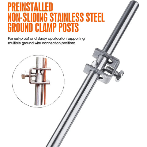 Portable Ground Rod 32 Inch Long 3/8 Inch Diameter Stainless Steel 304 With Preinstalled Ground Clamp Posts for Electric Fences