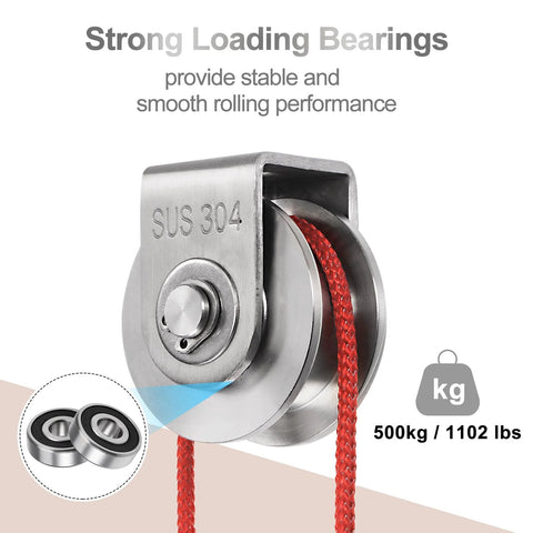 Close-up of stainless steel wheel with SUS 304 marking, part of 2 Pack 2.7 Inch H Groove Wheel Sliding Gate Caster With Bracket For Inverted Track 0.98 Inch Wide Groove 8mm Deep 1102 Lbs Capacity Per Wheel for garage doors.