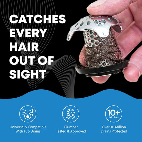Close-up of Ultra Revolutionary Stainless Steel Bath Tub Drain Protector and Hair Catcher with hand holding strainer catching hair.