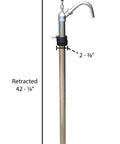 Vestil LDP-SS-316 Bung Stainless Steel Hand Drum Pump 2 In. Silver, extended and retracted measurements shown