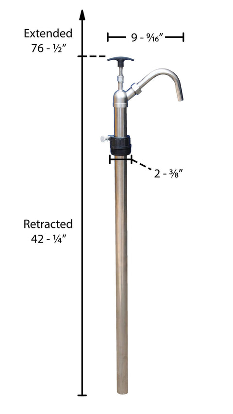 Vestil LDP-SS-316 Bung Stainless Steel Hand Drum Pump 2 In. Silver, extended and retracted measurements shown