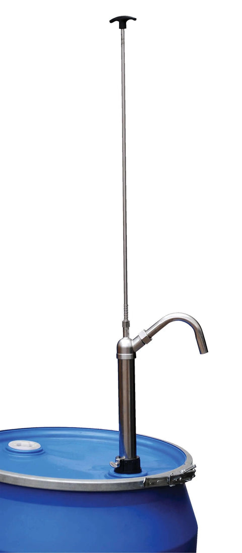 Vestil LDP-SS-316 Bung Stainless Steel Hand Drum Pump 2 In. Silver installed on blue 55-gallon drum