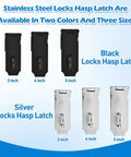 3 Inch Stainless Steel Door Hasp Latch Made From 304 Stainless Steel With Extra Thick Brushed Finish Includes Screws For Durable Corrosion Resistant Packlock Clasp Lock On Doors And Easy Installation in black and silver varieties shown in different sizes.