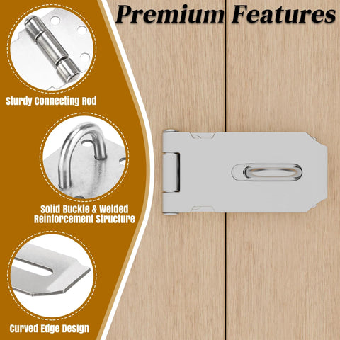 3 Inch Stainless Steel Hasp Latch Heavy Duty Brushed Finish for Fence Gates Doors and Cabinets, showing features and close-up details