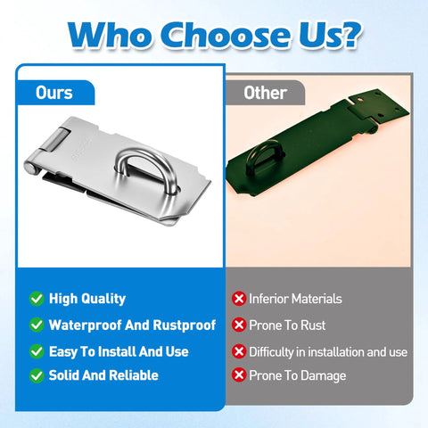 Comparison of 3 Inch Stainless Steel Door Hasp Latch with inferior latch, highlighting durability and installation ease.