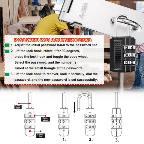 Manual instructions beside 5 Inch 304 Stainless Steel Hasp Latch Set With Combination Lock And Padlock Heavy Duty Gate And Door Security Latch Kit.