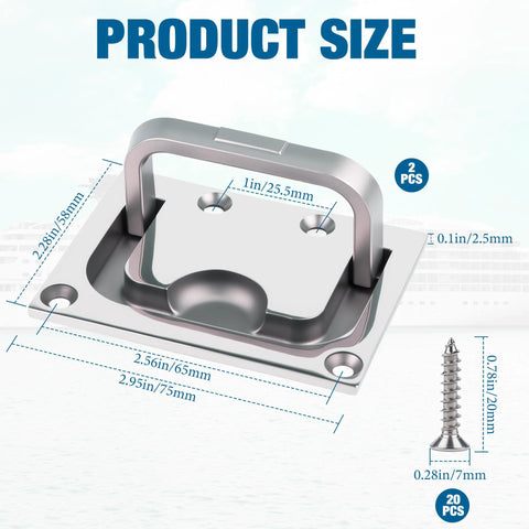 316 Stainless Steel Boat Hatch Handle Flush Mount Pull Recessed Door Pull With Mounting Screws, shown with dimensions.