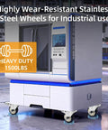 Stainless steel 3 inch heavy duty caster wheels with rust proof 304 swivel design, casters with brakes in a 4 pack, installed on industrial equipment.