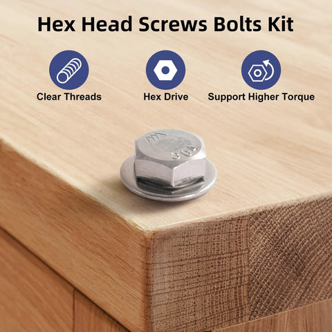 Image showing a single hex bolt on a wooden surface from the 3/8-16 X 2 Inch Hex Bolts Kit With Lock Nuts Flat Washers And Lock Washers In 304 Stainless Steel 18-8 Fully Threaded For Heavy Duty Applications Ideal For Automotive, Marine, Construction And DIY Projects.