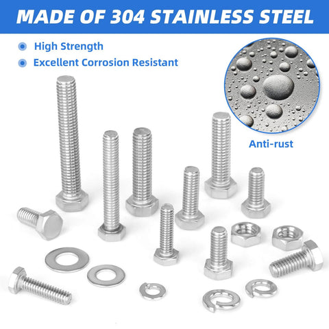 252 Piece Hex Bolts And Nuts Assortment Kit 1/4 20 5/16 18 3/8 16 Stainless Steel 304 With Case showing high strength and corrosion resistance