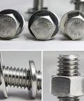 1/4-20 x 1-1/4 Inch Hex Bolts and Nuts Kit With Flat Washers and Lock Washers Stainless Steel 304, close-up views