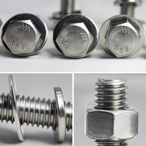 1/4-20 x 1-1/4 Inch Hex Bolts and Nuts Kit With Flat Washers and Lock Washers Stainless Steel 304, close-up views