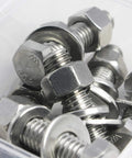 Close-up of 1/4-20 x 1-1/4 Inch Hex Bolts and Nuts Kit With Flat Washers and Lock Washers Stainless Steel 304 Assorted Fasteners