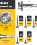 Detailed dimensions of stainless steel self tapping screws for metal kit 110 pieces no 8 hex head self drilling screws assortment.