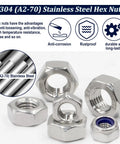 304 stainless steel hex nuts with nylon insert, showing corrosion resistance and durability.