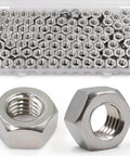 Quarter Inch 20 Stainless Steel Hex Nuts 304 A2-70 130 Pack Coarse Thread Hardware displayed with packaging