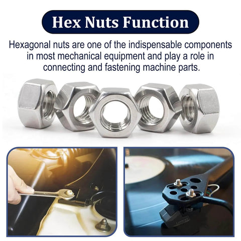 Quarter Inch 20 Stainless Steel Hex Nuts 304 A2-70 130 Pack Coarse Thread Hardware in use and stacked
