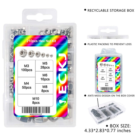 210 Pack 304 Stainless Steel Hex Nuts Assortment Kit DIN 934 M3 M4 M5 M6 M8 M10 For Professionals DIY in storage box