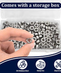 Hand holding one of the Quarter Inch 20 Stainless Steel Hex Nuts 304 A2-70 from a 130 pack with storage box in background.
