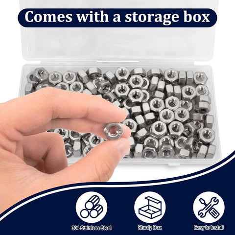 Hand holding one of the Quarter Inch 20 Stainless Steel Hex Nuts 304 A2-70 from a 130 pack with storage box in background.