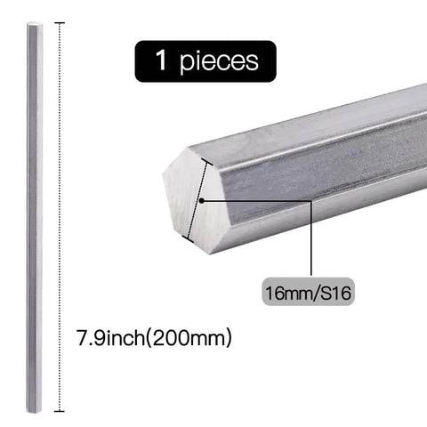 Heavy Duty 304 Stainless Steel Hex Rod Bar With 16mm Across Flats Five Eighths Inch Hex Cross Section And 200mm Length Built To Last For Machine Work Petrochemical And Medical Equipment By Feelers, shown in side view with dimensions highlighted.