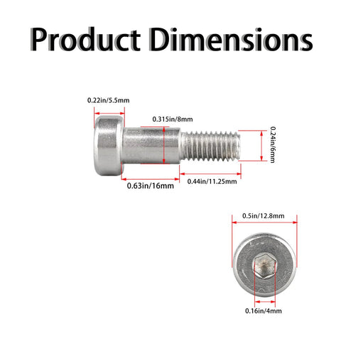 Product dimensions of 5 Pack 8xM6x16 Hex Socket Shoulder Bolts Stainless Steel Heavy Duty Hardware with detailed measurements shown.