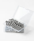 Twenty 1/4-20 x 1-1/2 in flat-head hex socket cap screws in a clear plastic storage box, stainless steel