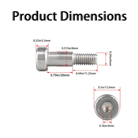 5 Pack Stainless Steel Hex Socket Shoulder Bolts 8mm Diameter M6 x 20mm Thread dimensions diagram