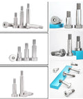 SCXCLY hex socket shoulder bolts, 30pcs, 6mm x M5 x 15mm, 304 stainless steel, silvery; front, side and installed views.