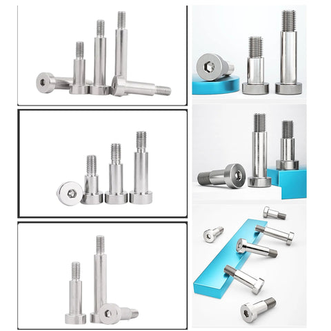 SCXCLY hex socket shoulder bolts, 30pcs, 6mm x M5 x 15mm, 304 stainless steel, silvery; front, side and installed views.
