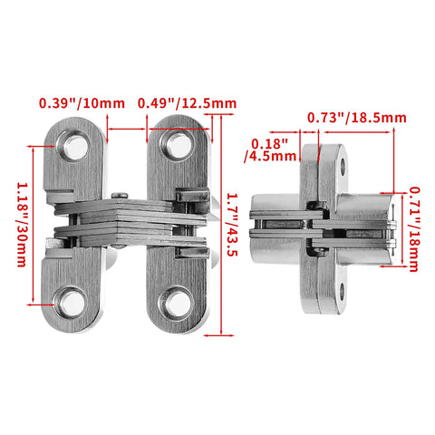 Dimensions of One And Three Quarters Inch Stainless Steel Hidden Hinge For Frameless Kitchen Cabinets, 180 Degree Invisible Cross Concealed Hinges